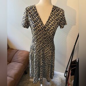 NWOT Dark Blue and Cream Patterned Midi Faux Wrap Dress